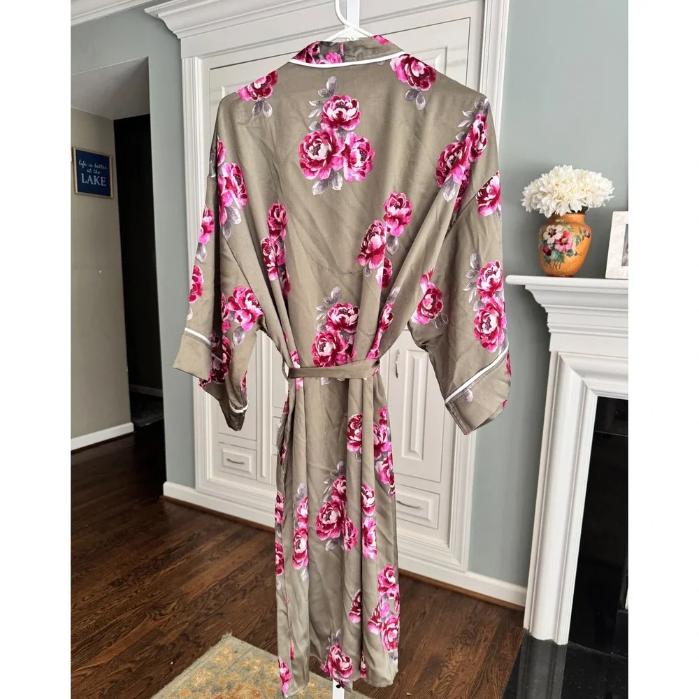 NWT Splendid Floral Satin Robe Long Pink Roses Taupe Olive Green NWT L XL